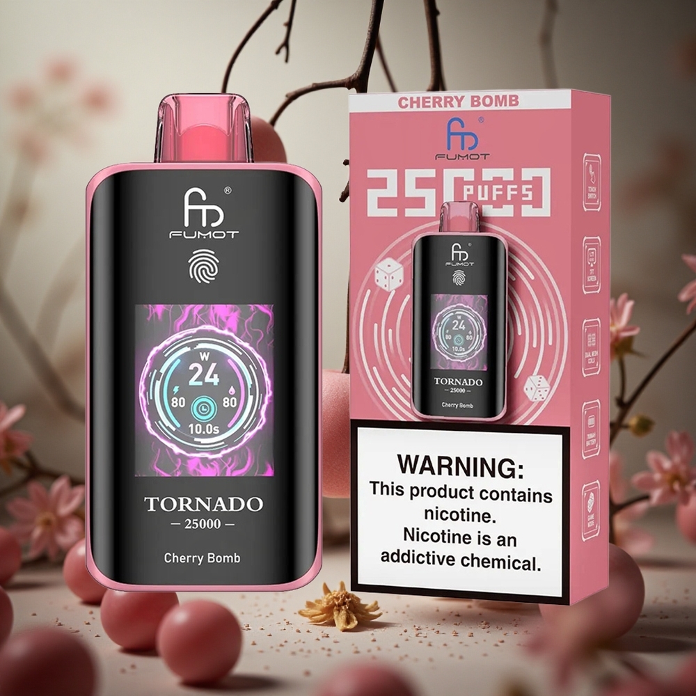 Bomba Cereza Fumot Tornado 25000 Puffs Pantalla HD 20ml E-líquido Pre-llenado Colombia al por mayor